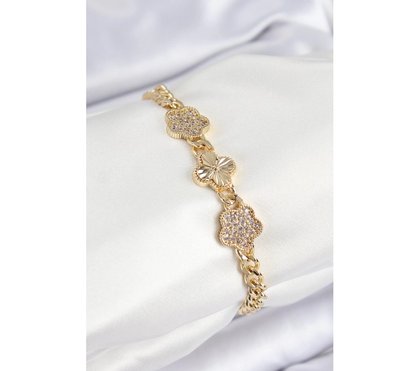 Pirinç Zirkon Taşlı Yonca Model Gold Renk Kadın Bileklik