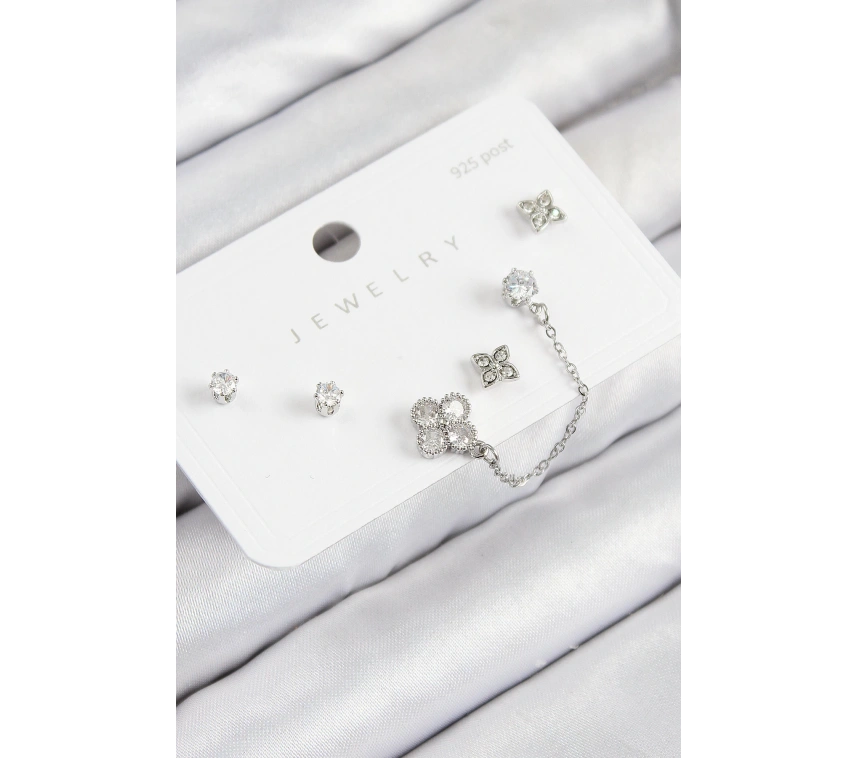 Pirinç Zirkon Taşlı Yonca Model Gümüş Renk 925 Ayar Gümüş Çivi Kadın Küpe Set