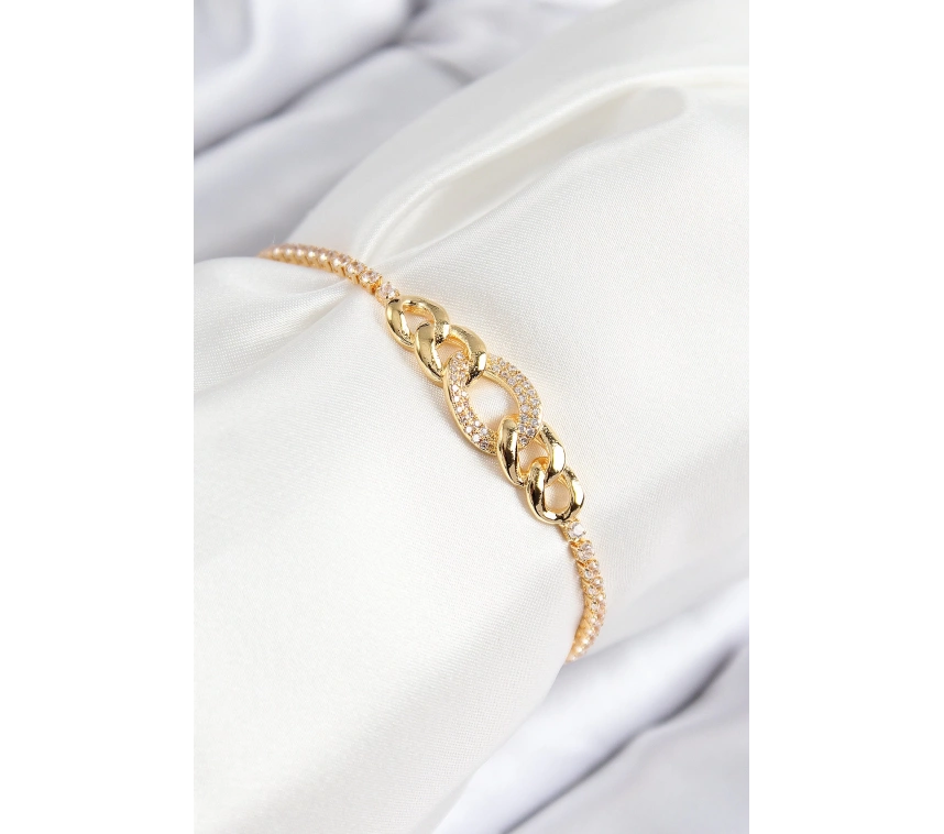 Pirinç Zirkon Taşlı Zincir Model Gold Renk Asansörlü Kadın Bileklik