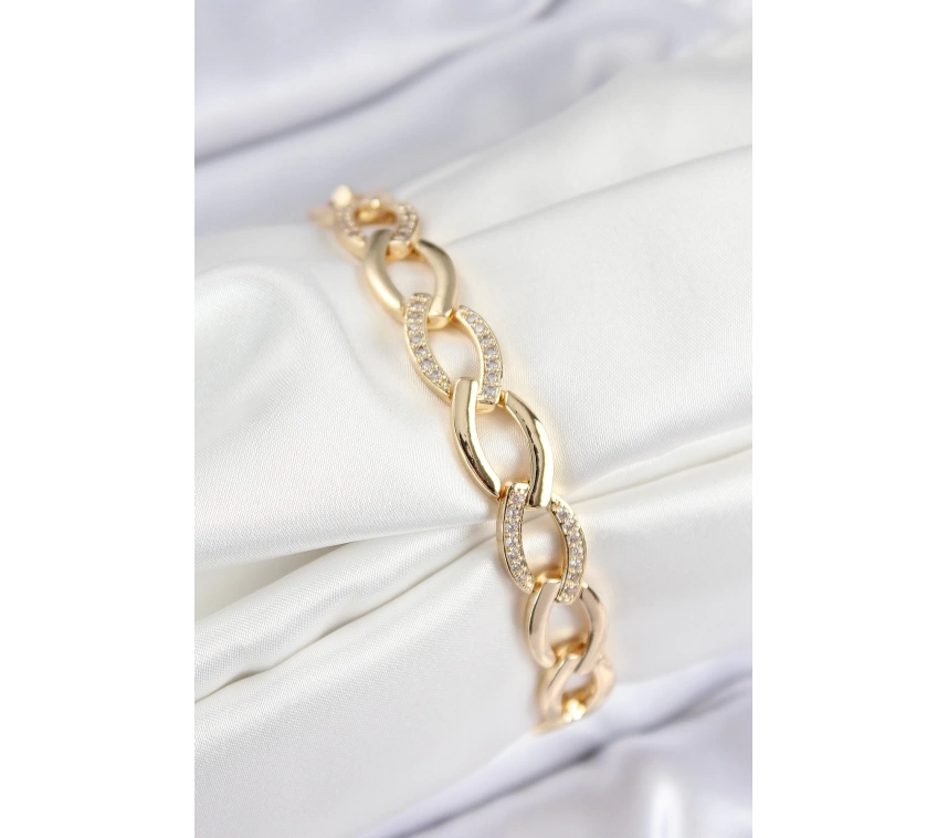 Pirinç Zirkon Taşlı Zincir Model Gold Renk Kadın Bileklik