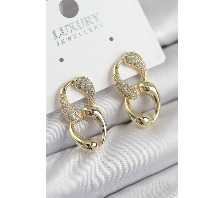 Pirinç Zirkon Taşlı Zincir Model Gold Renk Kadın Küpe