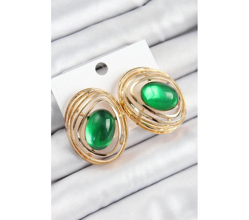 Pirinç Zümrüt Yeşili Zirkon Taşlı Oval Model Gold Renk Kadın Küpe