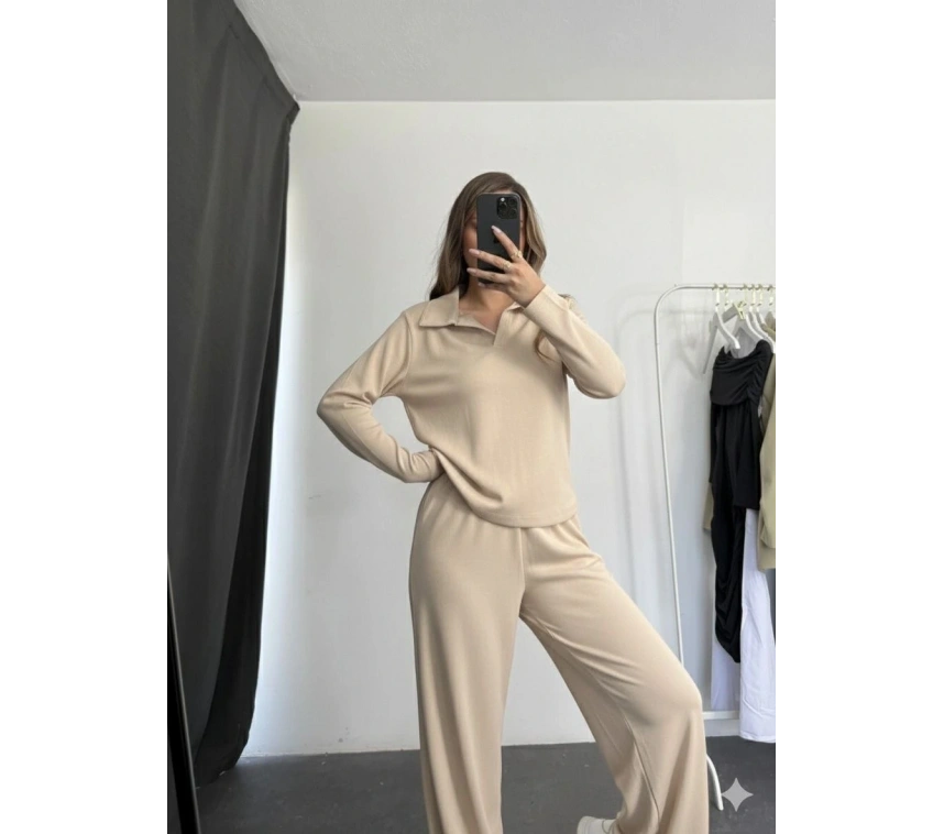 Polo yaka alt üst kollu modal takım bej pt