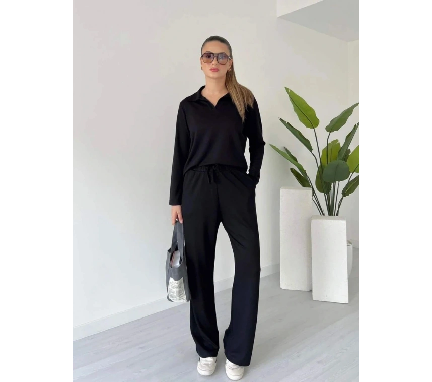 Polo yaka alt üst kollu modal takım siyah pt