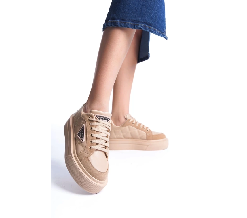 PRAG Bağcıklı Ortopedik Taban Desenli Kadın Sneaker Spor Ayakkabı TT - Ten