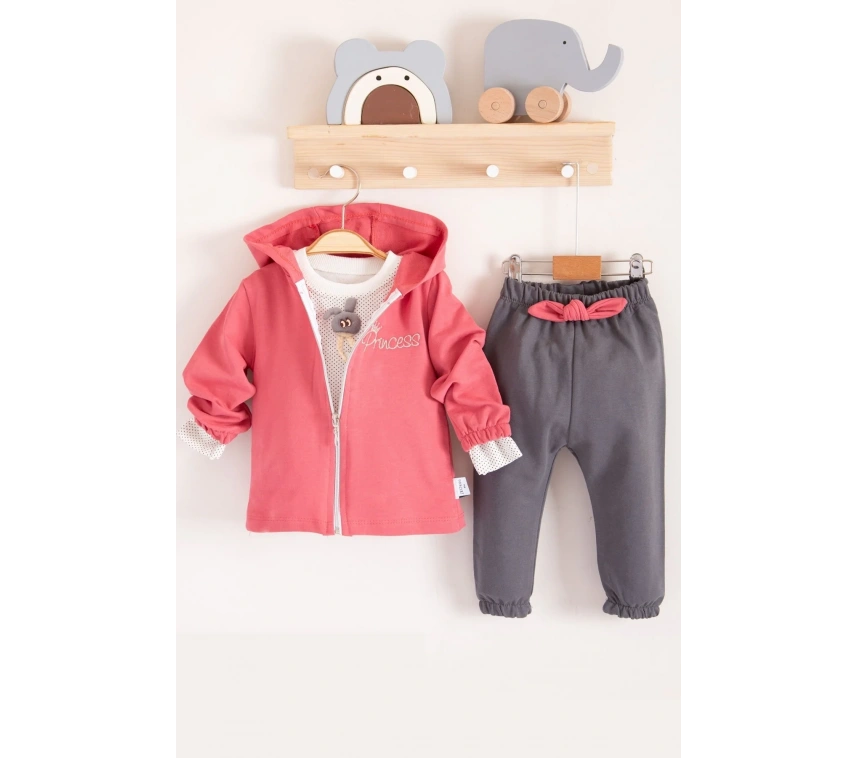 Prences Nakışlı Kapişonlu 3lü % 100 Pamuk Kız Bebek Takımı