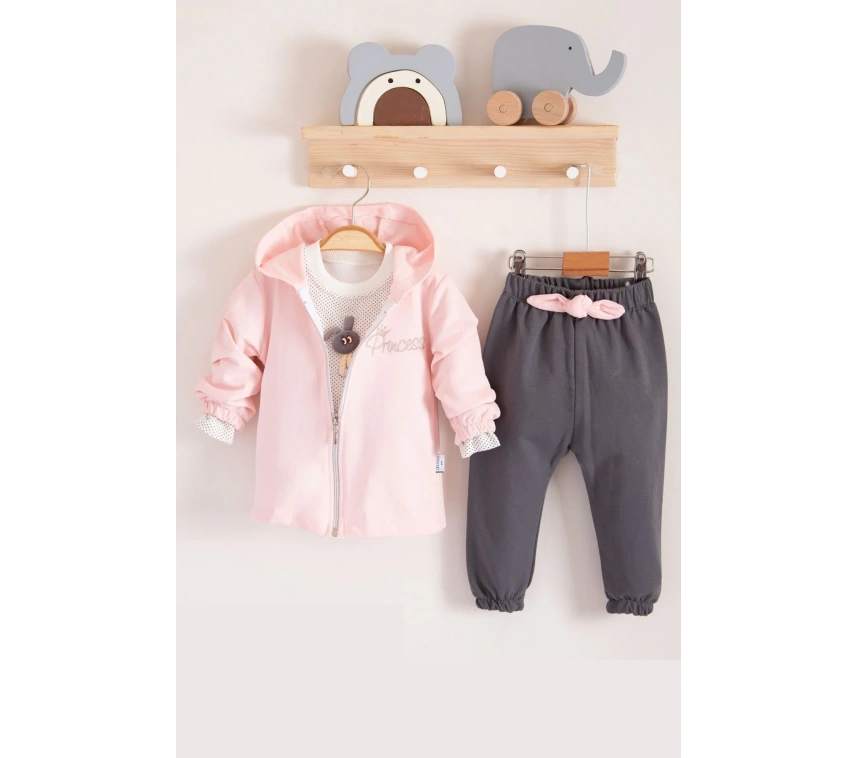 Prences Nakışlı Kapişonlu 3lü % 100 Pamuk Kız Bebek Takımı