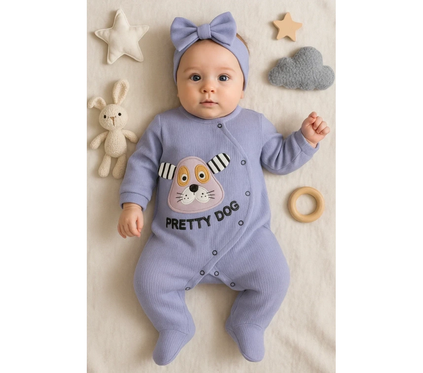 Pretty Dog Nakışlı Bandanalı % 100 Pamuk Kız Bebek Tulumu