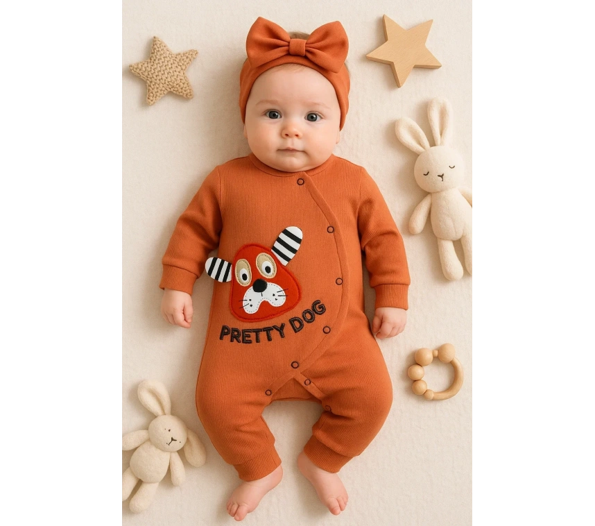 Pretty Dog Nakışlı Bandanalı % 100 Pamuk Kız Bebek Tulumu