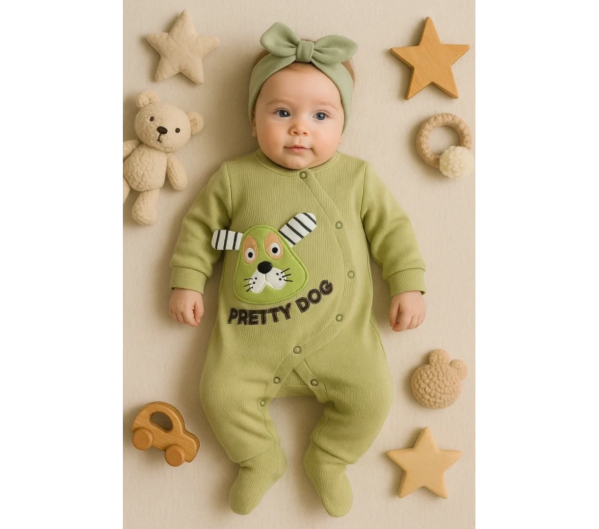 Pretty Dog Nakışlı Bandanalı % 100 Pamuk Kız Bebek Tulumu