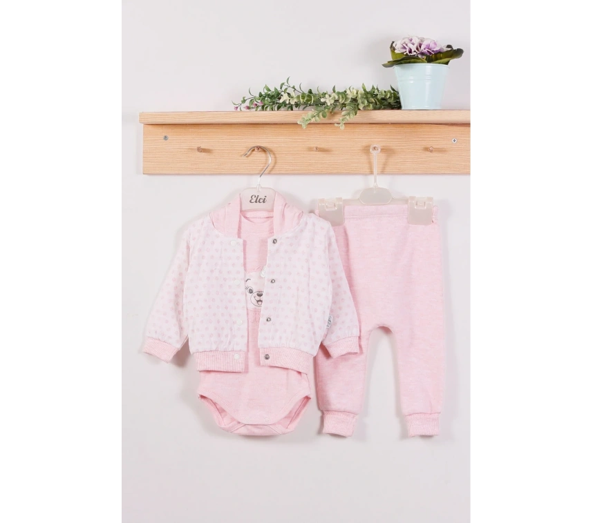 Puan Desenli Kapişonlu % 100 Pamuk 3lü Kız Bebek Takım