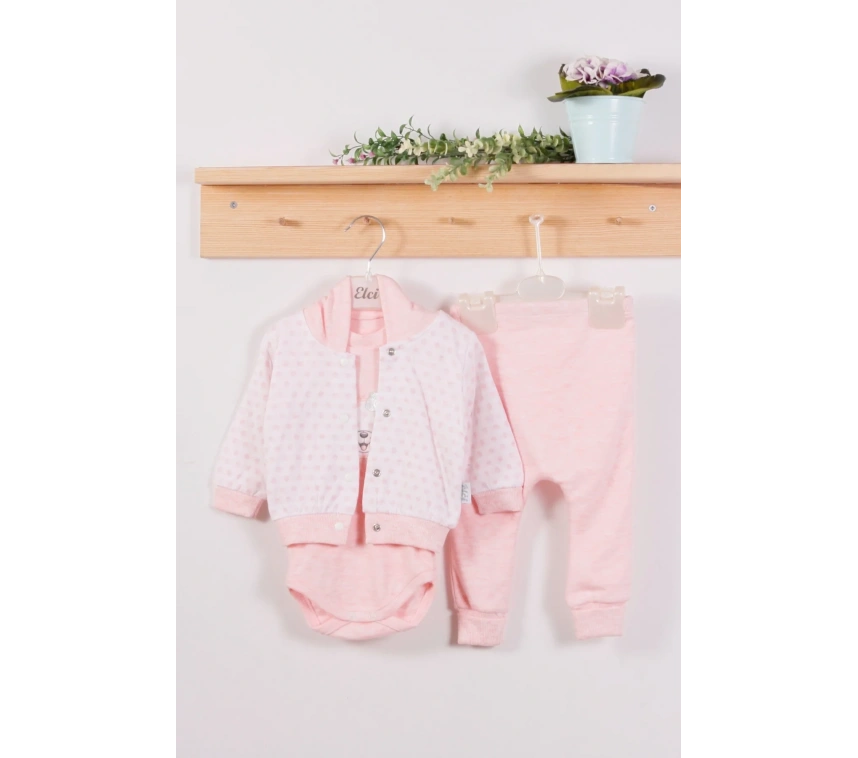 Puan Desenli Kapişonlu % 100 Pamuk 3lü Kız Bebek Takım