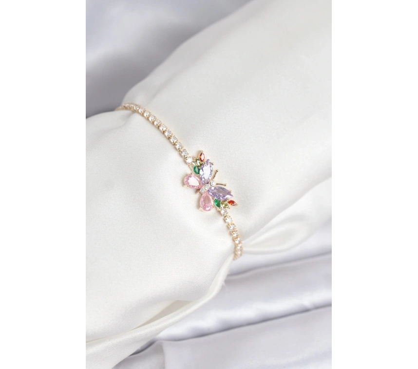 Renkli Kelebek Model Zirkon Taşlı Asansörlü Su Yolu Kadın Bileklik