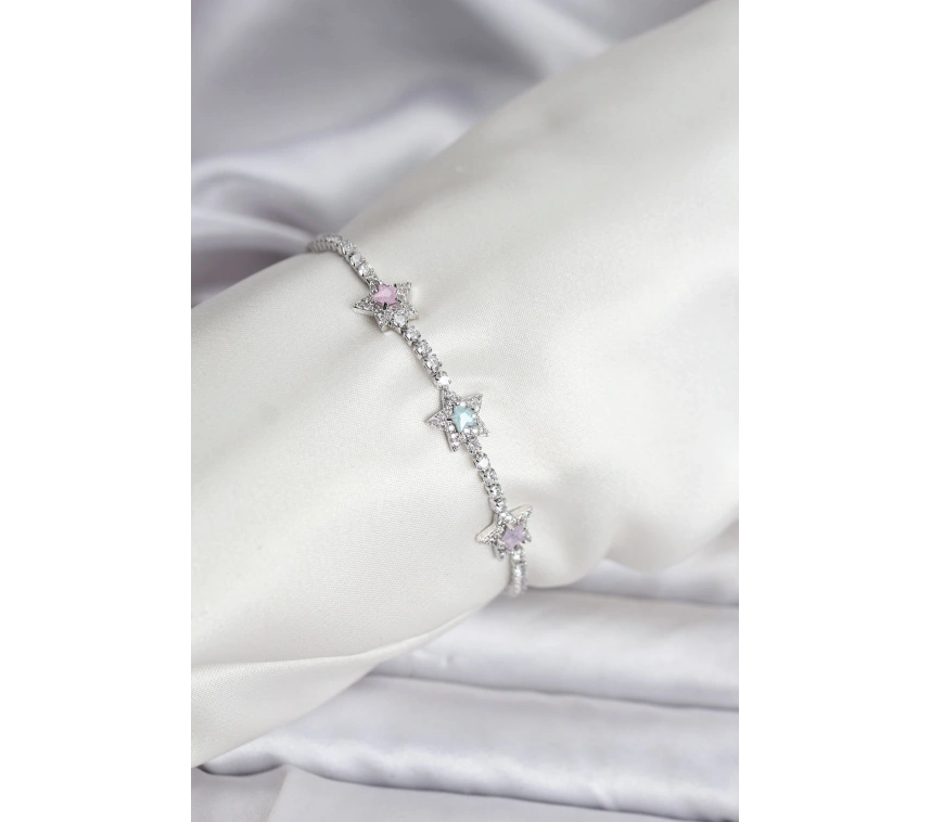 Renkli Yıldız Model Zirkon Taşlı Gümüş Renk Pirinç Su Yolu Kadın Bileklik