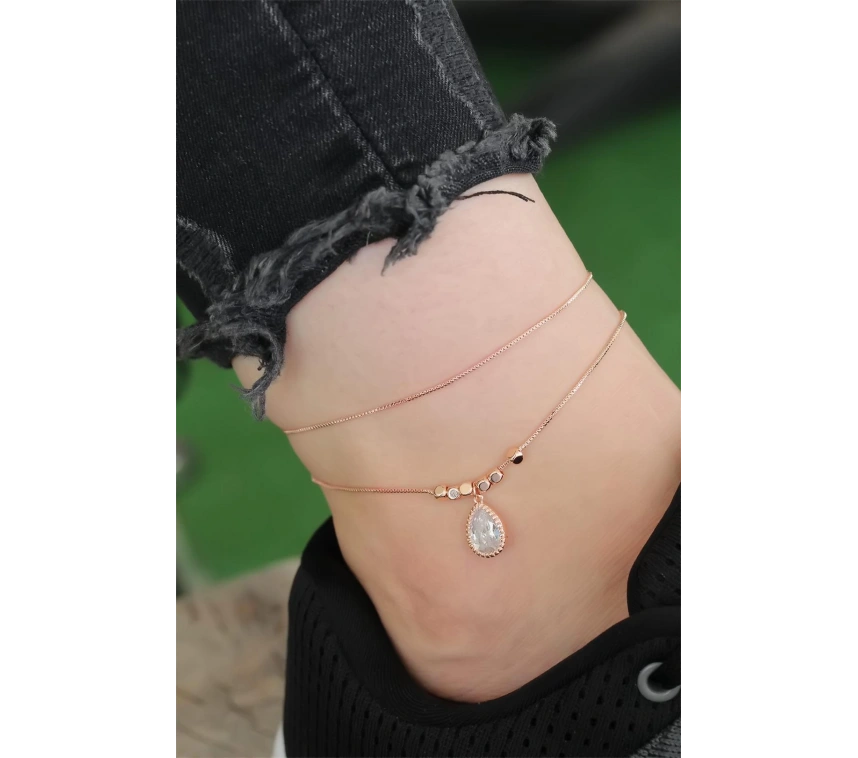 Rose Gold Renk Zirkon Damla Taşlı Halhal