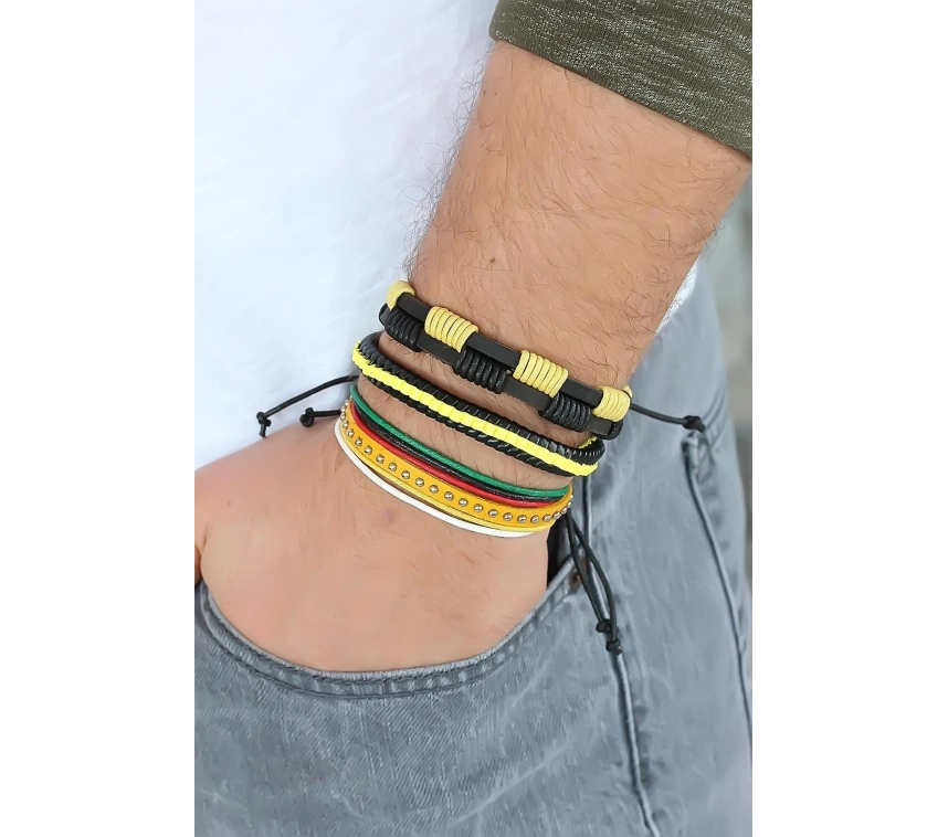 Sarı Renk Zımbalı Deri Erkek Bileklik Kombini