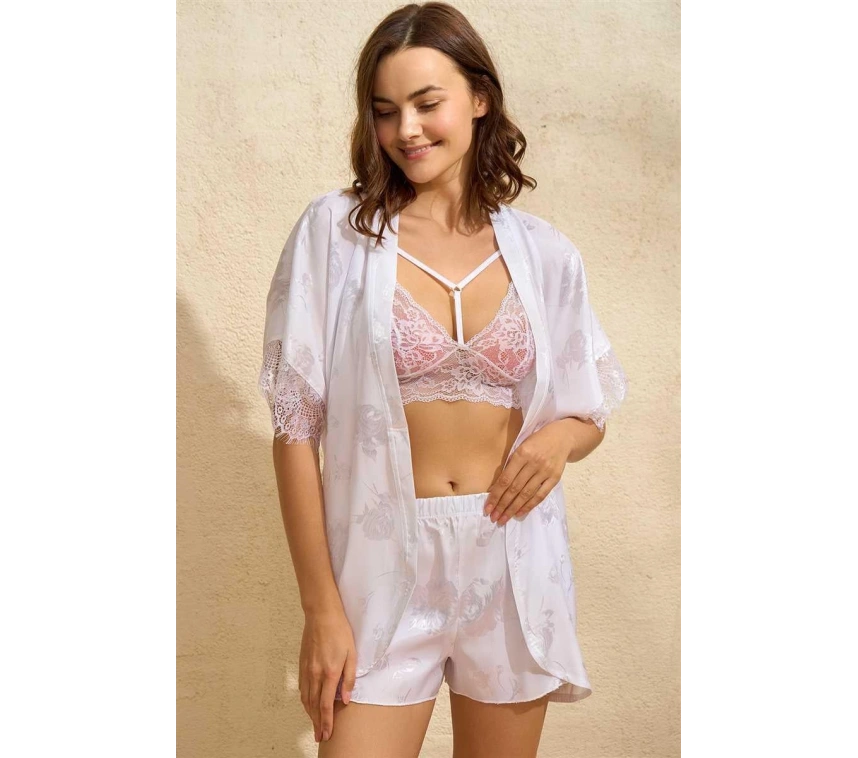 Saten Bride Baskılı Dantelli Sabahlık Balensiz Desteksiz Dolgusuz Bralet Sütyen Ve Şort 3lü Takım