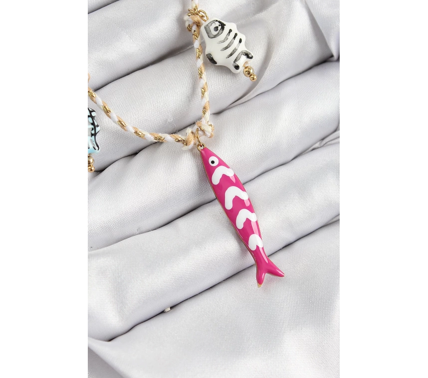 Seramik Motifli Pembe Balık Figürlü Model Krem İp Kadın Kolye