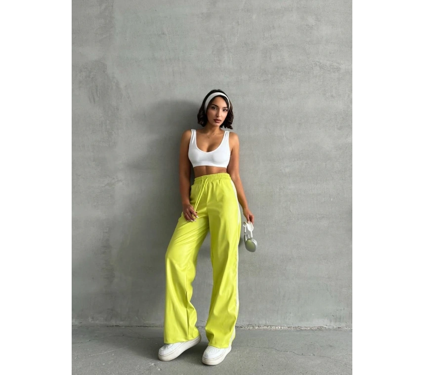 Şeritli deri pantolon yeşil h26430