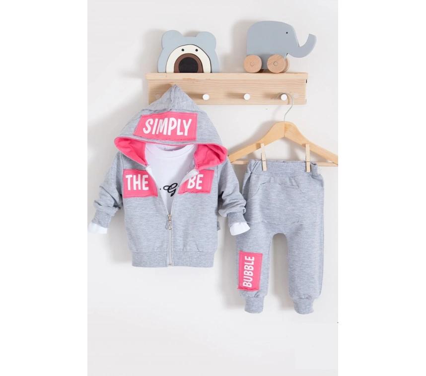 Simply Desenli Kapişonlu 3lü Kız Bebek Takımı