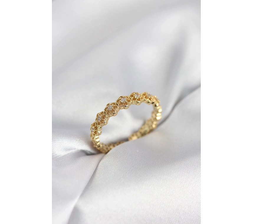 Sıralı Çiçek Model Gold Renk Zirkon Taşlı Kadın Yüzük