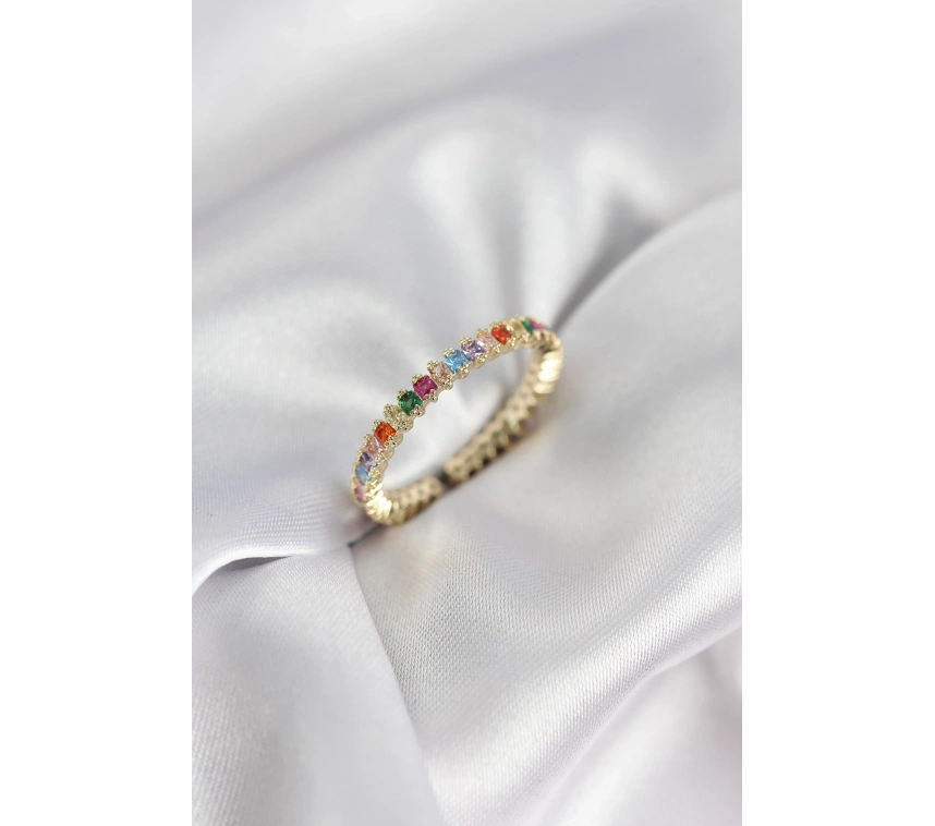 Sıralı Karışık Renkli Gold Renk Zirkon Taşlı Kadın Yüzük