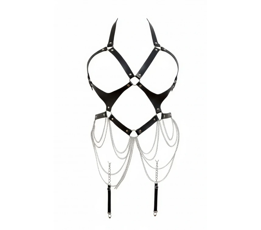 Siyah Body Harness Suni Deri Zincir Detaylı Vücut Aksesuarı - Brf1161