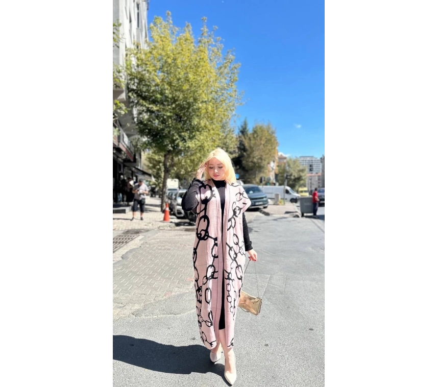 Siyah çizgi desenli elbiseli hırka takım pudra siyah