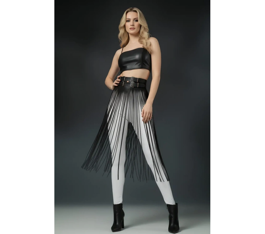 Siyah Etek Deri Yüksek Bel Etek Çift Tokalı Uzun - Brf1090