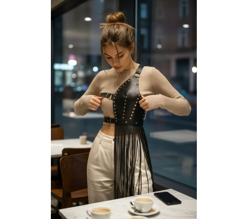 Siyah Etek Deri Zımbalı Asimetrik Püsküllü - Brf1014