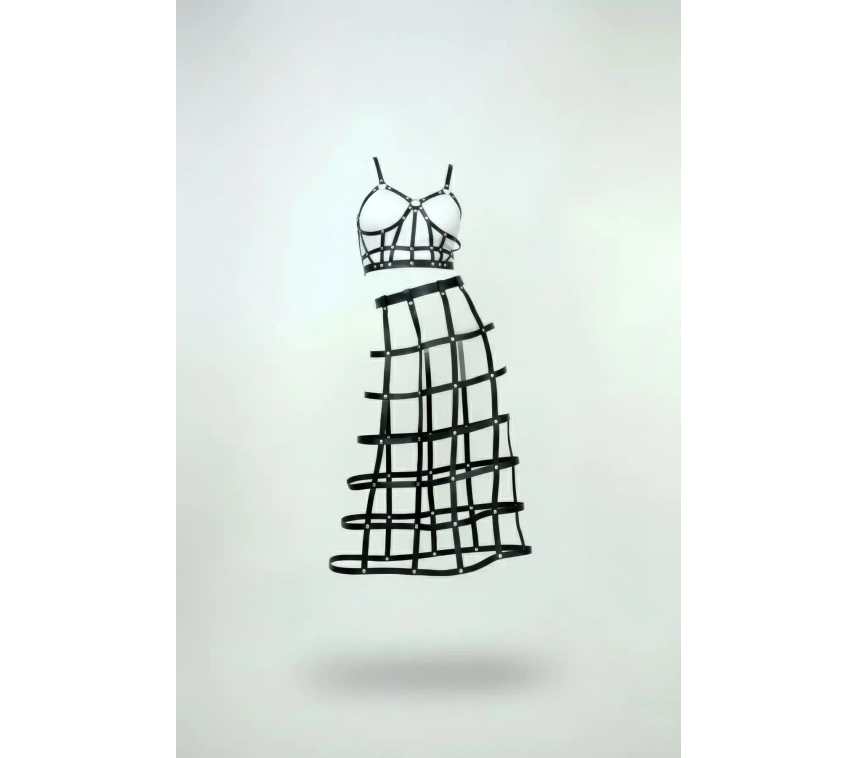 Siyah Etek Suni Deri Etek Kafes Detaylı Etek Midi Boy Deri Etek - Brf1013