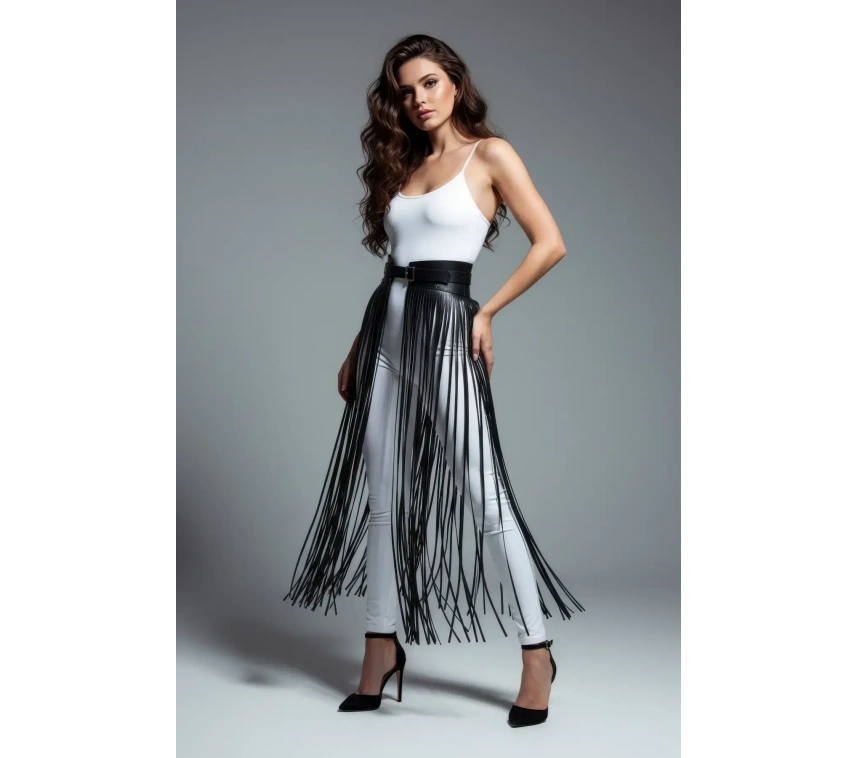 Siyah Etek Suni Deri Etek Püsküllü Uzun Yüksek Bel Etek - Brf1003