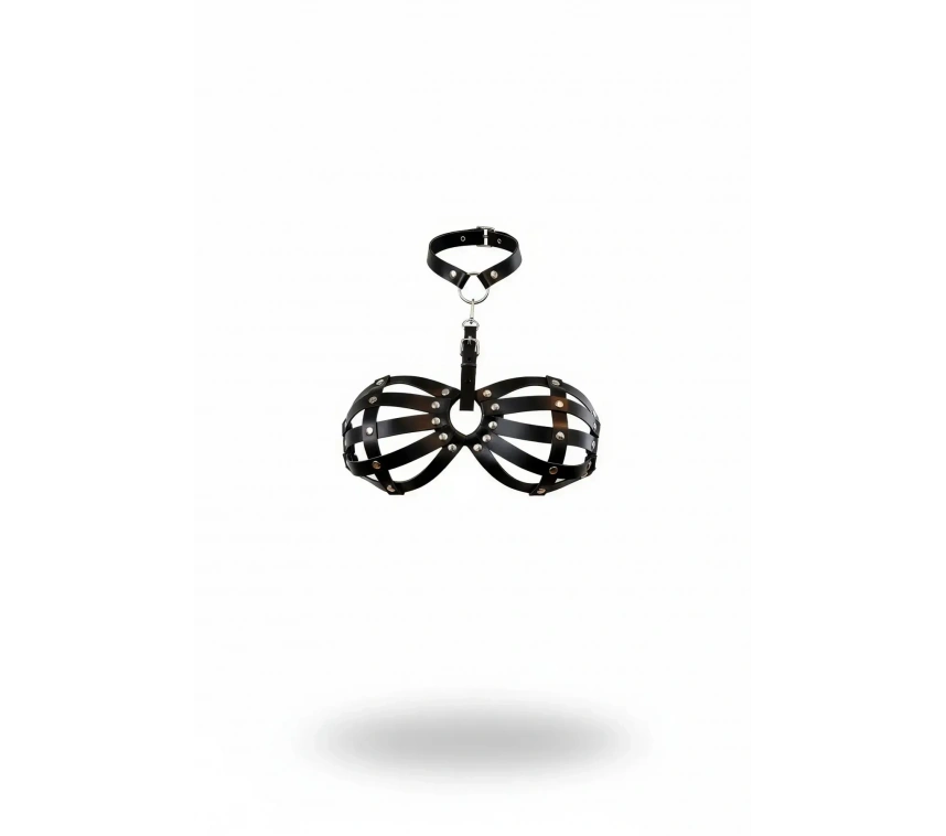 Siyah Göğüs Harness Kafes Detaylı Zımbalı Boyunluk - Brf224