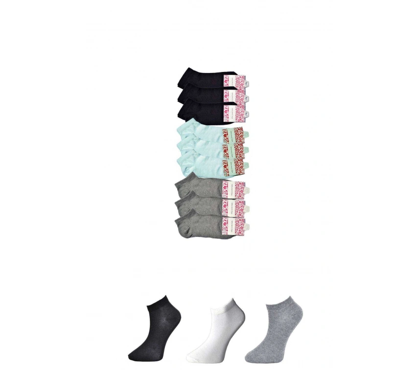 Siyah Gri Ve Beyaz Kadın Bilek Çorap 9 Çift