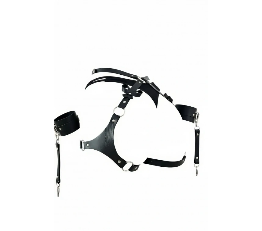 Siyah Harness Takım Deri Fiyonk Detaylı Metal Halka Aksesuarlı - Brf1197