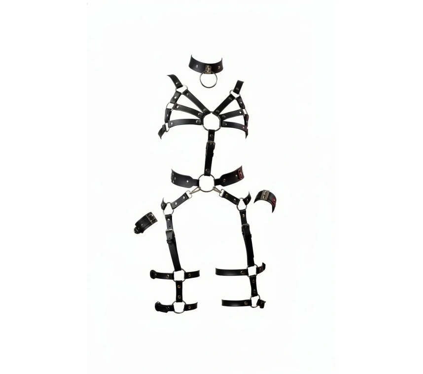Siyah Harness Takım Deri Halka Detaylı Vücut Seti - Brf1267