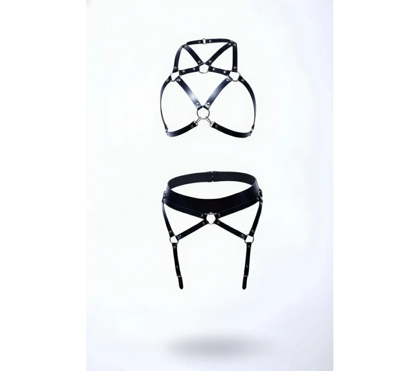 Siyah Harness Takım Deri Metal Halka Detaylı Vücut Kemeri - Brf152