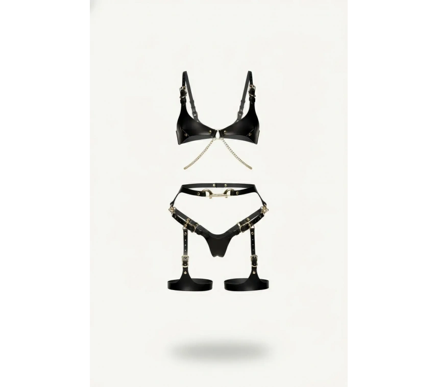 Siyah Harness Takım Deri Zincir Detaylı Tokalı - Brf1379