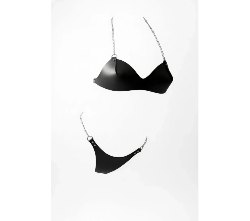 Siyah Harness Takım Suni Deri Zincir Detaylı - Brf1169