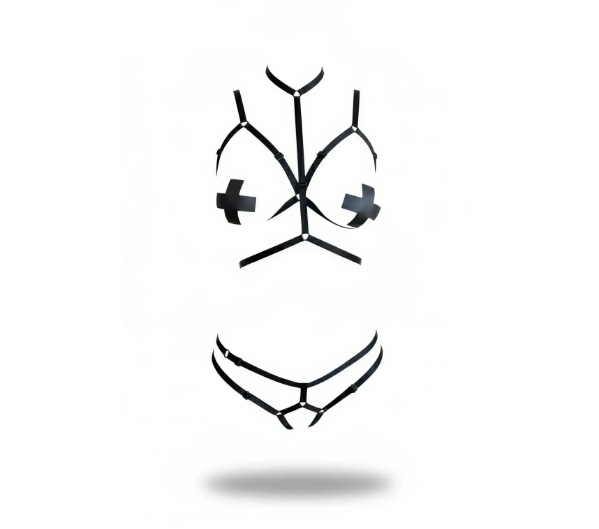 Siyah Harness Takım Yüksek Boyunlu Vücut Sarmalayan - Brf144