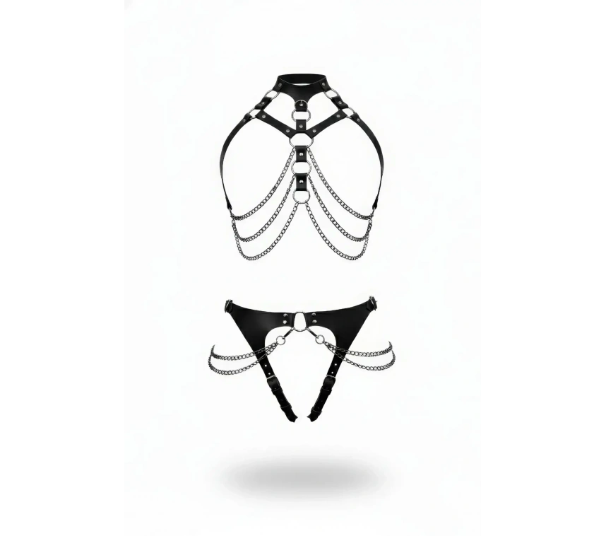 Siyah Harness Takım Zincir Detaylı Halkalı Vücut Aksesuarı - Brf1387