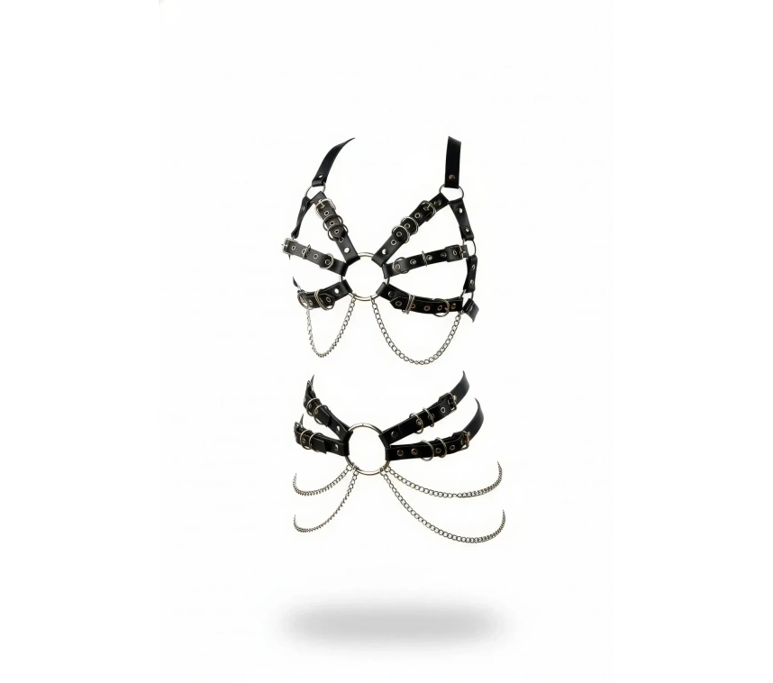Siyah Harness Takım Zincir Detaylı Metal Halka Aksesuarlı - Brf1260