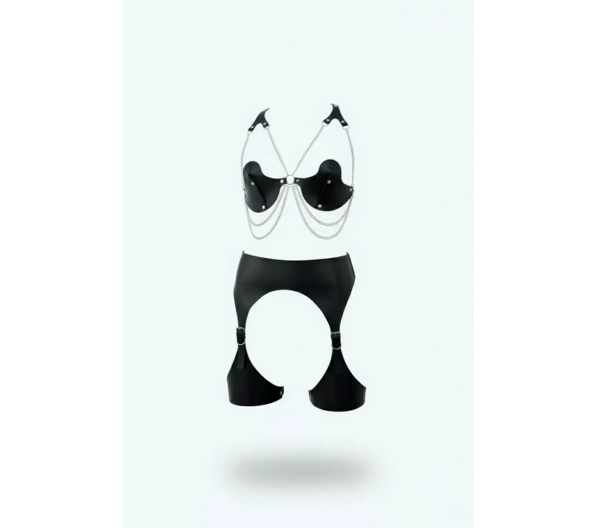 Siyah Harness Takım Zincir Detaylı Suni Deri Jartiyerli - Brf1221