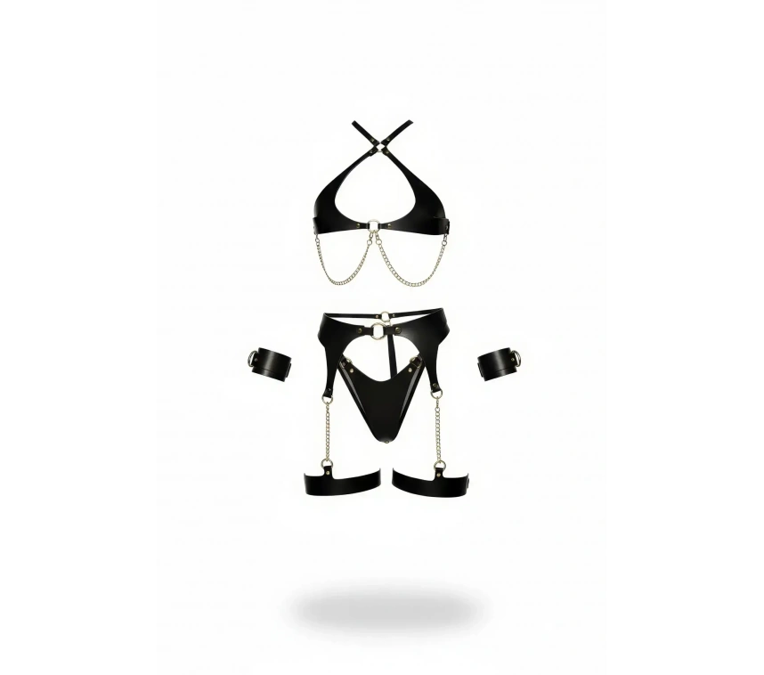 Siyah Harness Takım Zincir Detaylı Suni Deri Kelepçeli Set - Brf1219