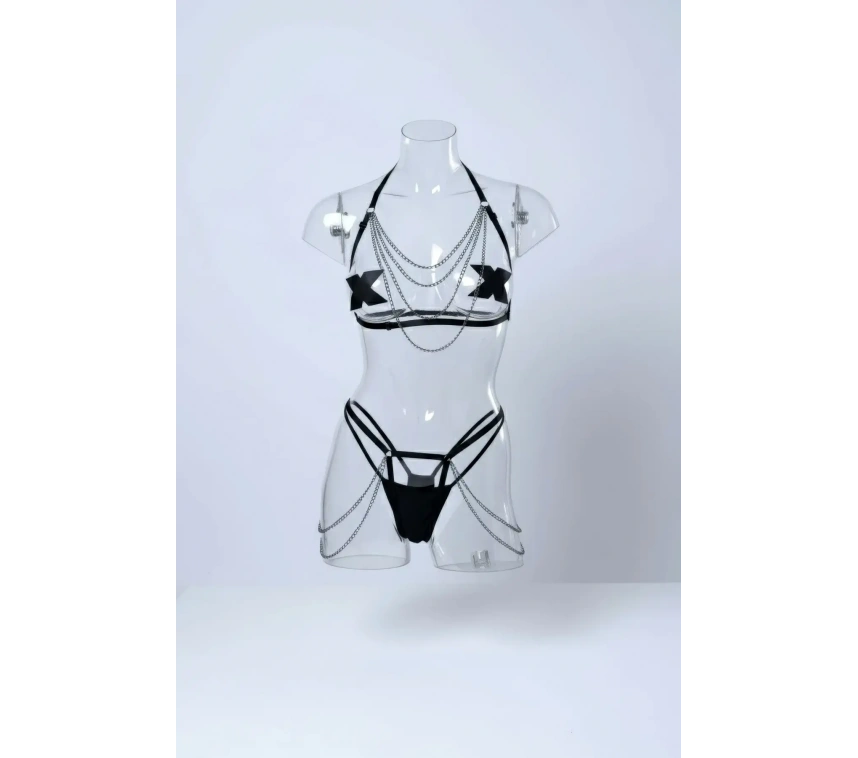 Siyah Harness Takım Zincir Detaylı Vücut Aksesuarı - Brf1065