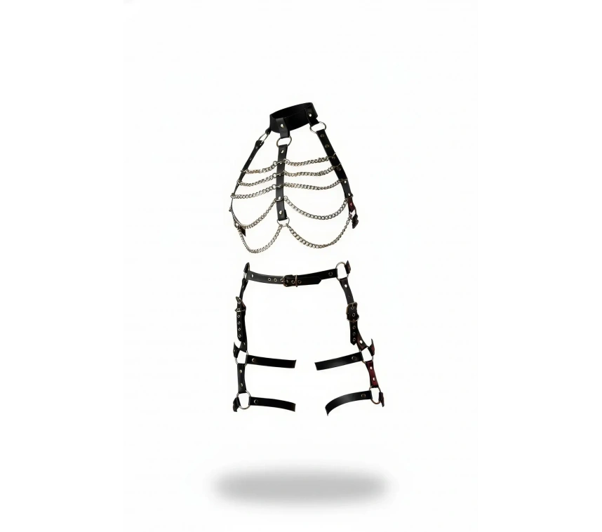 Siyah Harness Takım Zincir Detaylı Yüksek Yaka Vücut Aksesuarı - Brf1262