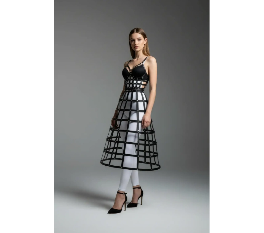 Siyah Kadın Etek Suni Deri Etek Kafes Yapılı Midi Boy Deri Etek - Brf1013