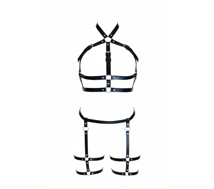 Siyah Kadın Harness Takım Deri Çok Bantlı Tokalı Vücut Seti - Brf272