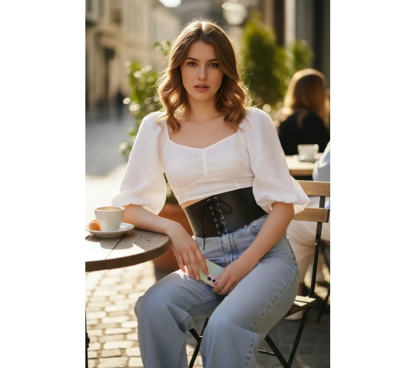 Siyah Kadın Kemer Bağcıklı Kalın Korse Bel Aksesuarı - Brf1127