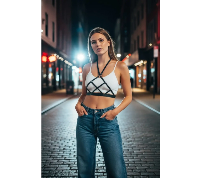 Siyah Kadın Kemer Çapraz Suni Deri Vücut Aksesuarı - Brf187